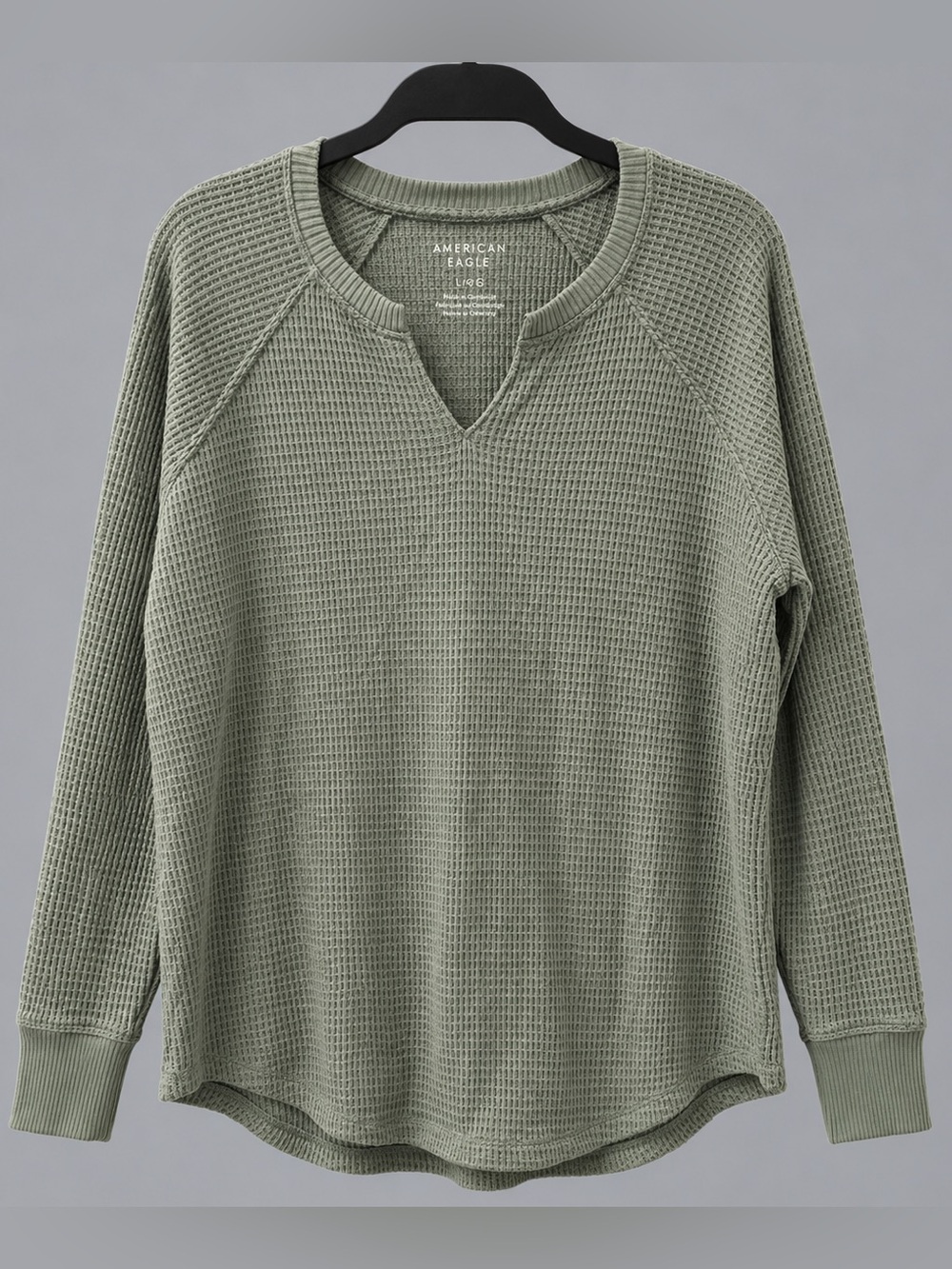 American Eagle Sage Green Waffle Knit Thermal Notch Neck Top L
